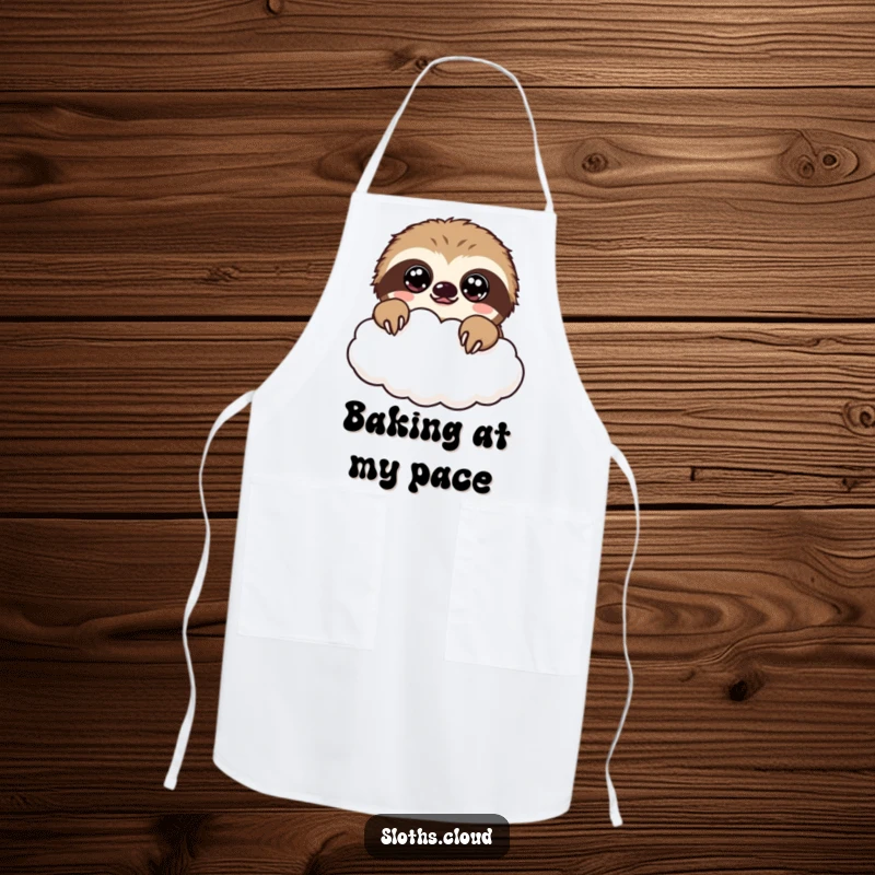 Funny kawaii sloth apron with a cute sloth peeking over a cloud, ready for kitchen duty.