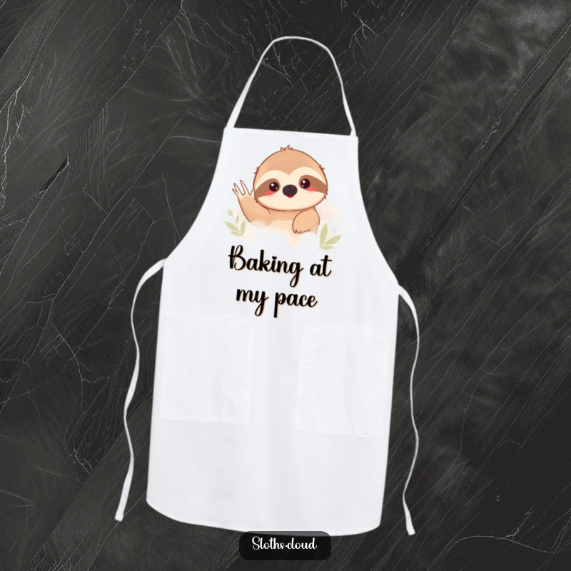 Funny sloth peeking shyly from behind thick fog, waving. Humorous apron for kitchen duties.