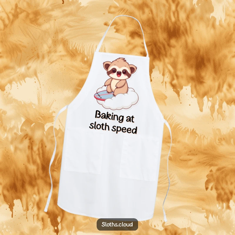 Funny kawaii sloth apron depicting a sloth surfing a cloud, ideal for kitchen use and adding a whimsical touch.
