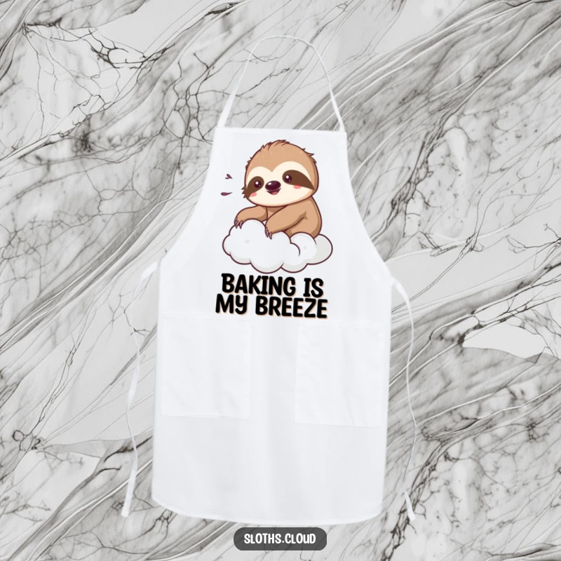 Funny kawaii sloth apron featuring a cute sloth enjoying a gentle breeze while floating on a cloud, perfect for kitchen fun.