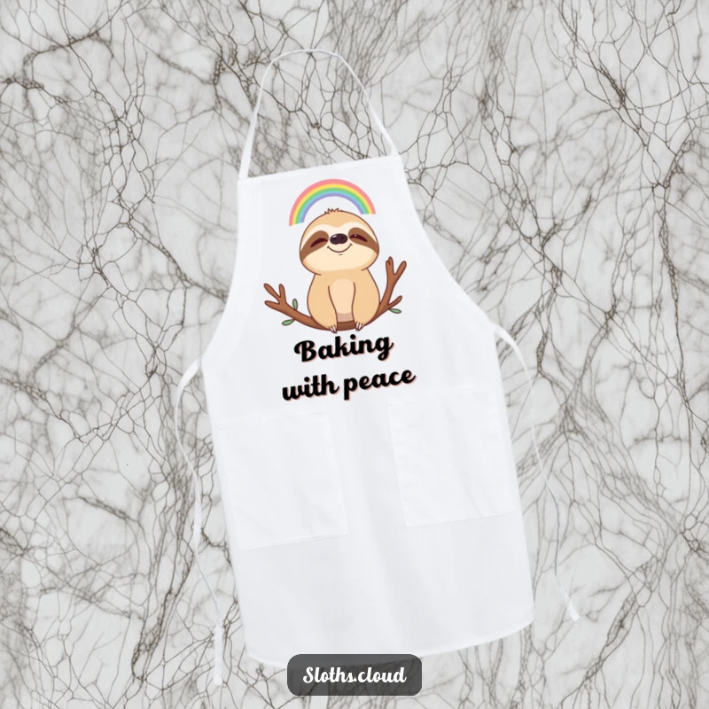 Funny apron graphic of a smiling sloth calmly observing a tiny rainbow, perfect for a humorous and serene kitchen experience.