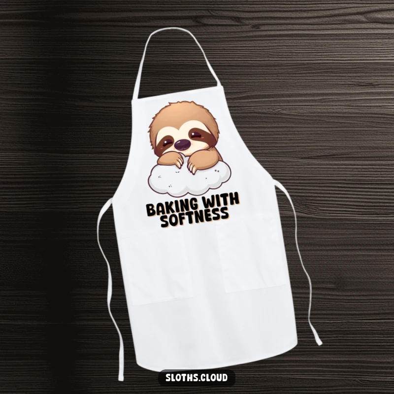 Funny apron graphic of a sloth playfully nudging a fluffy cloud, perfect for a humorous and whimsical cooking experience.