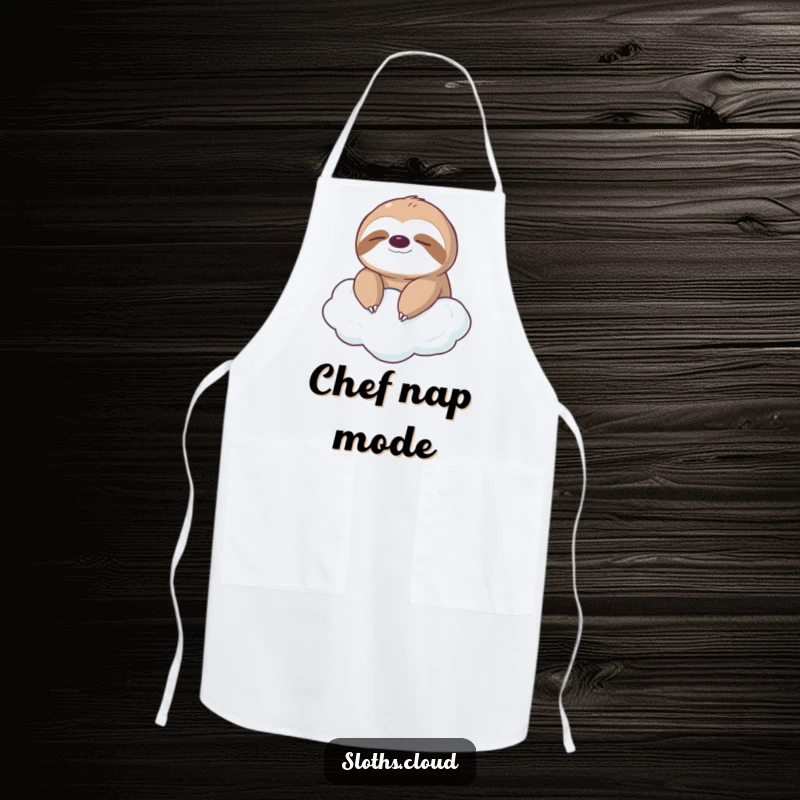 Funny apron with a serene sloth floating on a cloud, perfect for a relaxed kitchen atmosphere and as a humorous gift.