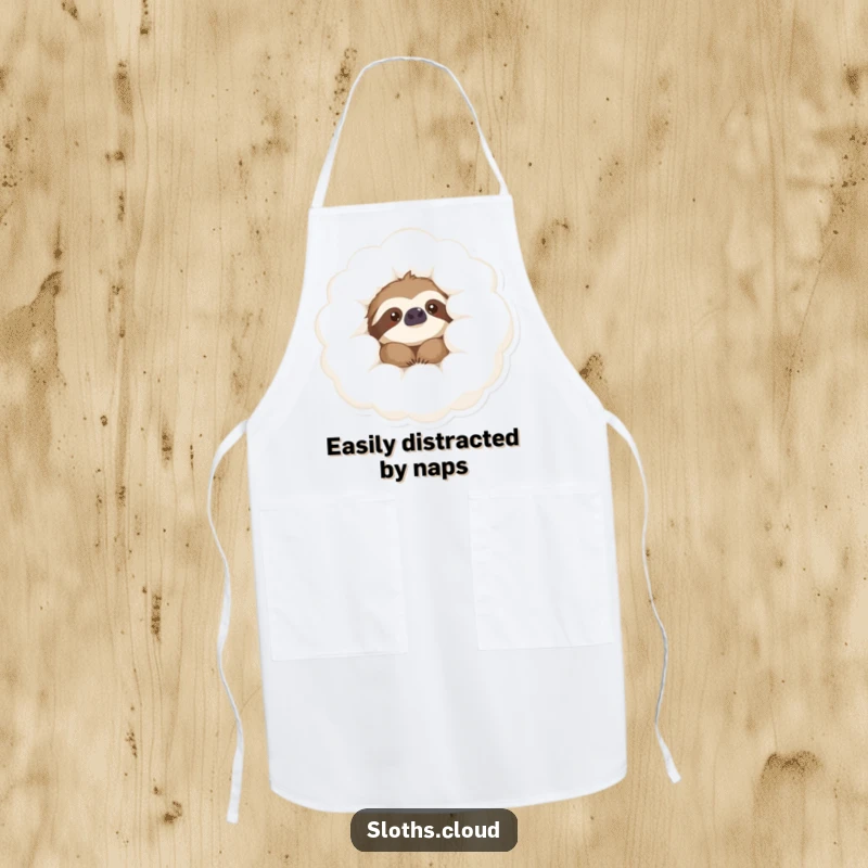 Funny Apron showing a content sloth peeking from a cloud, perfect for adding humor to cooking and baking.
