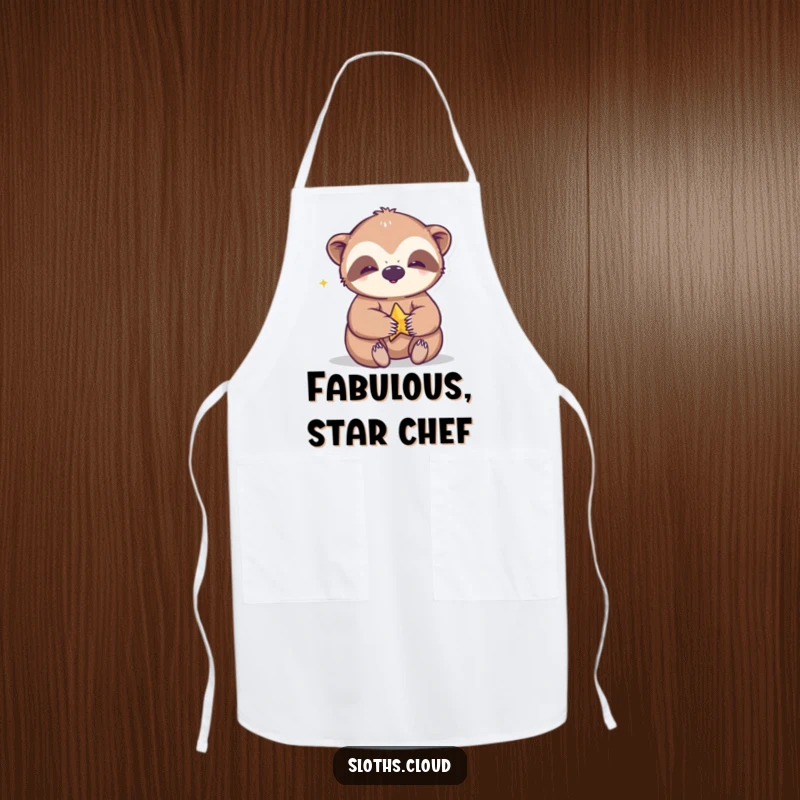 Funny apron showing a giggling sloth playing with a star, ready to add some fun to your cooking.