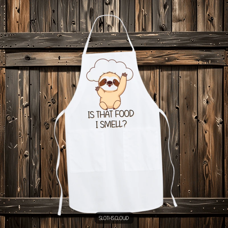 Funny apron showing a sloth reaching a paw from a cloud with a curious expression, ideal for playful culinary exploration.
