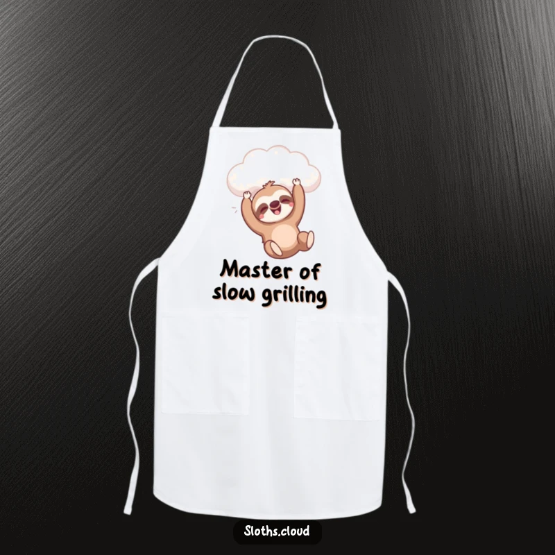 Funny apron featuring a sloth playfully dangling from a cloud with a happy sigh, perfect funny gift.