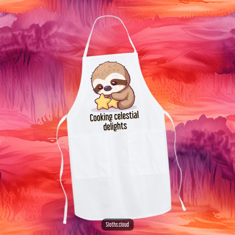 Funny apron featuring a sloth gently petting a tiny star with a kind expression, perfect funny gift.