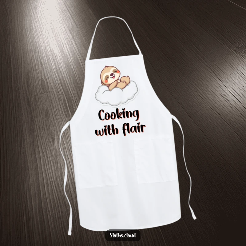 Funny apron graphic of a sloth joyfully sliding down a fluffy cloud, perfect for a humorous and exhilarating cooking experience.