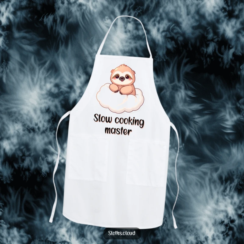 Funny apron with a kawaii sloth smiling serenely, floating on a cloud, perfect for kitchen fun.