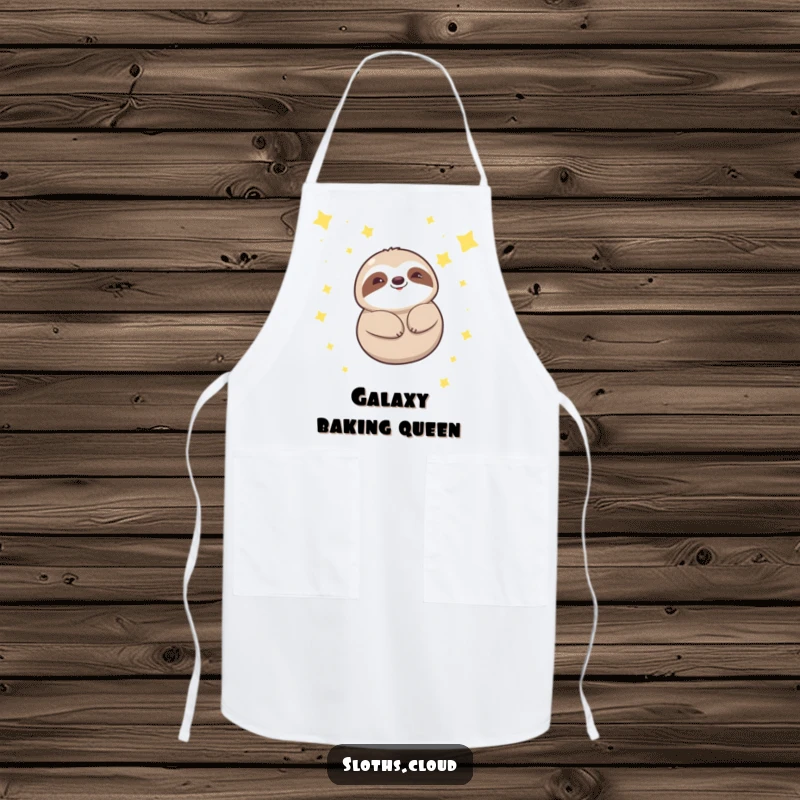 Funny kawaii sloth apron depicting a sloth floating amongst stars, ideal for kitchen use and adding a touch of serene humor.