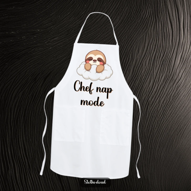 Funny apron depicting a sloth with closed eyes, peacefully drifting on a cloud, ready for calm kitchen adventures.
