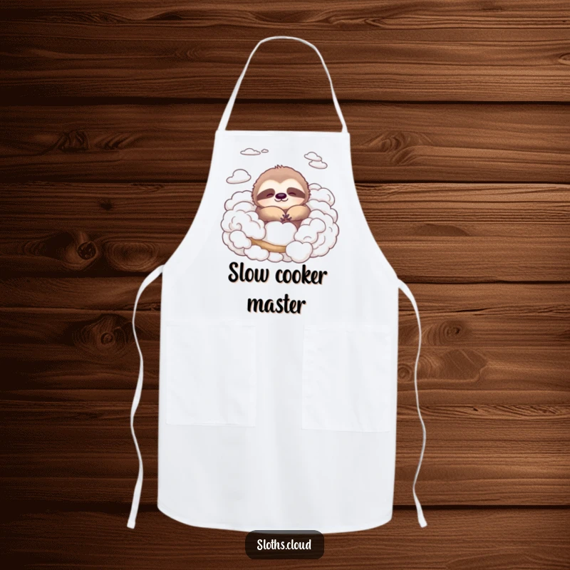 Funny apron featuring a peaceful sloth gently lounging amongst soft clouds, perfect for kitchen tasks with a blend of calm and humor.
