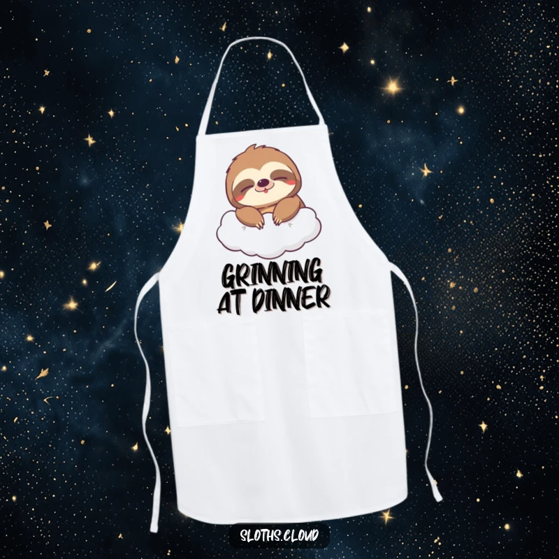 Funny apron featuring a sloth with a wide, sleepy grin drifting on a cloud, perfect for cooking with cheerful and humorous ease.