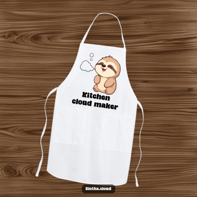 Funny Apron showing a joyful sloth blowing cloud-shaped air, perfect for adding humor to cooking and baking adventures.