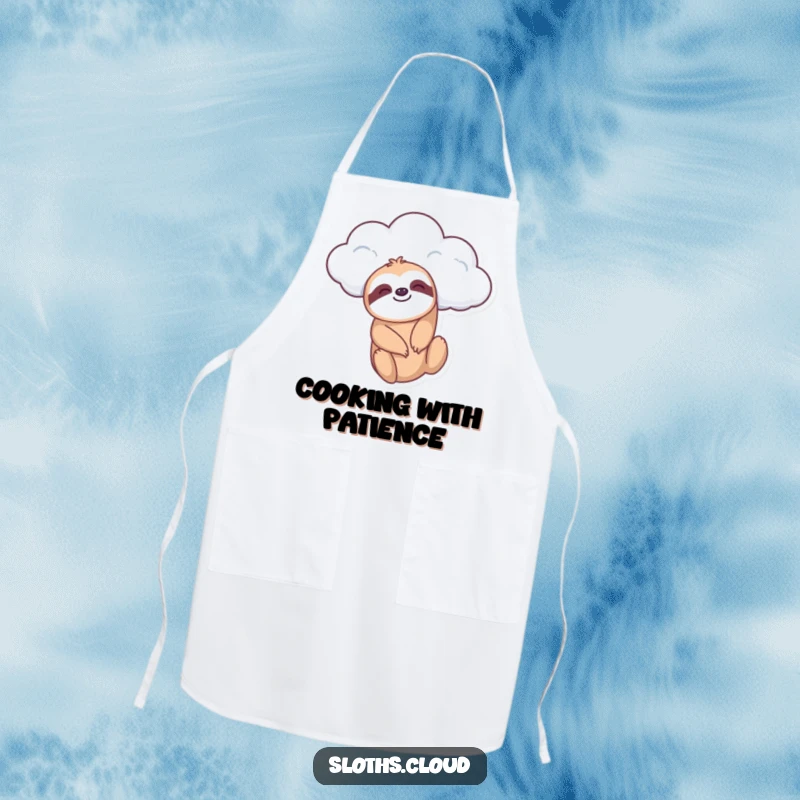 Funny apron featuring a sloth dangling from a cloud, perfect for chefs and home cooks who appreciate whimsical and calming kitchen attire.