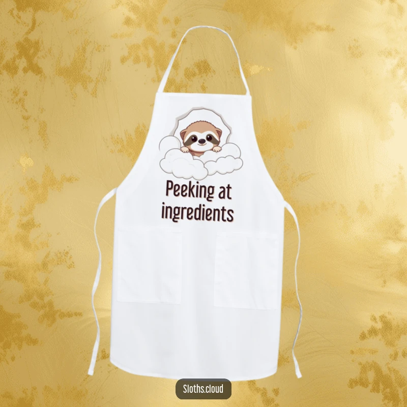 Funny apron featuring a cute sloth peeking from soft clouds, perfect for a humorous and practical kitchen accessory.