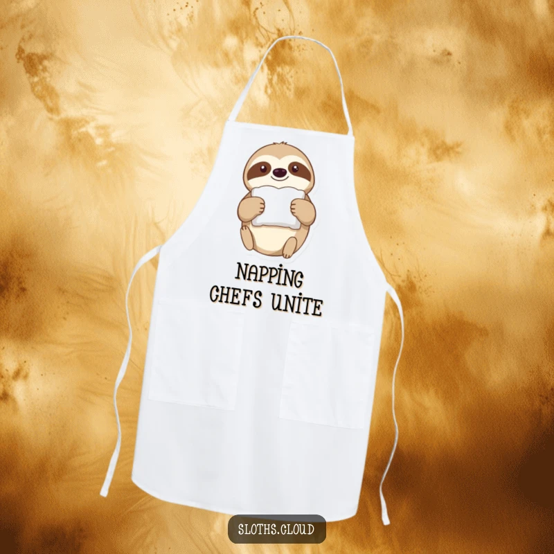 Funny Apron: A sloth drifts through the air holding a tiny, fluffy pillow, adding humorous charm to kitchen tasks.