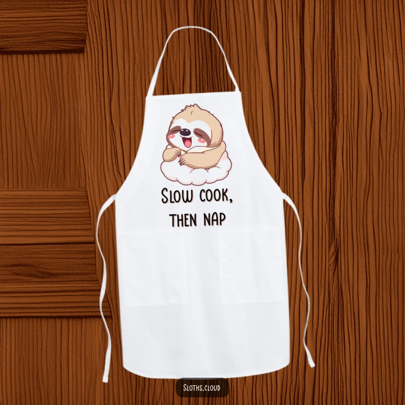 Funny apron featuring a yawning sloth wrapped in a soft cloud blanket, perfect funny gift.