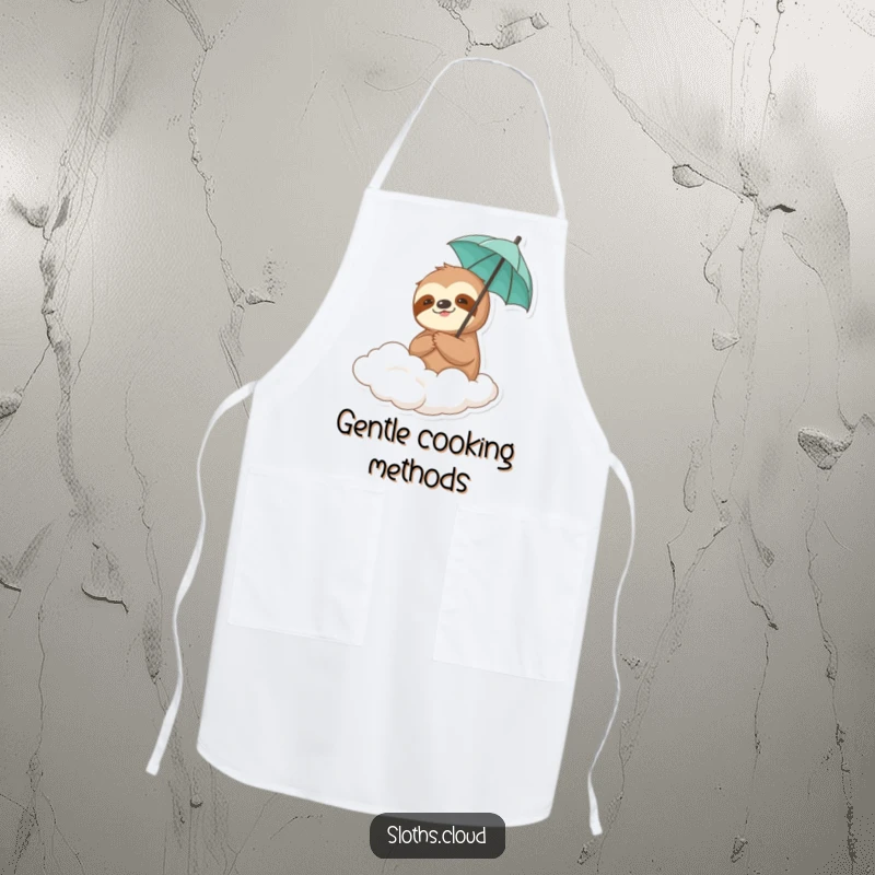 Funny sloth character holding a tiny umbrella on a cloud, looking unbothered, printed on a practical kitchen apron.