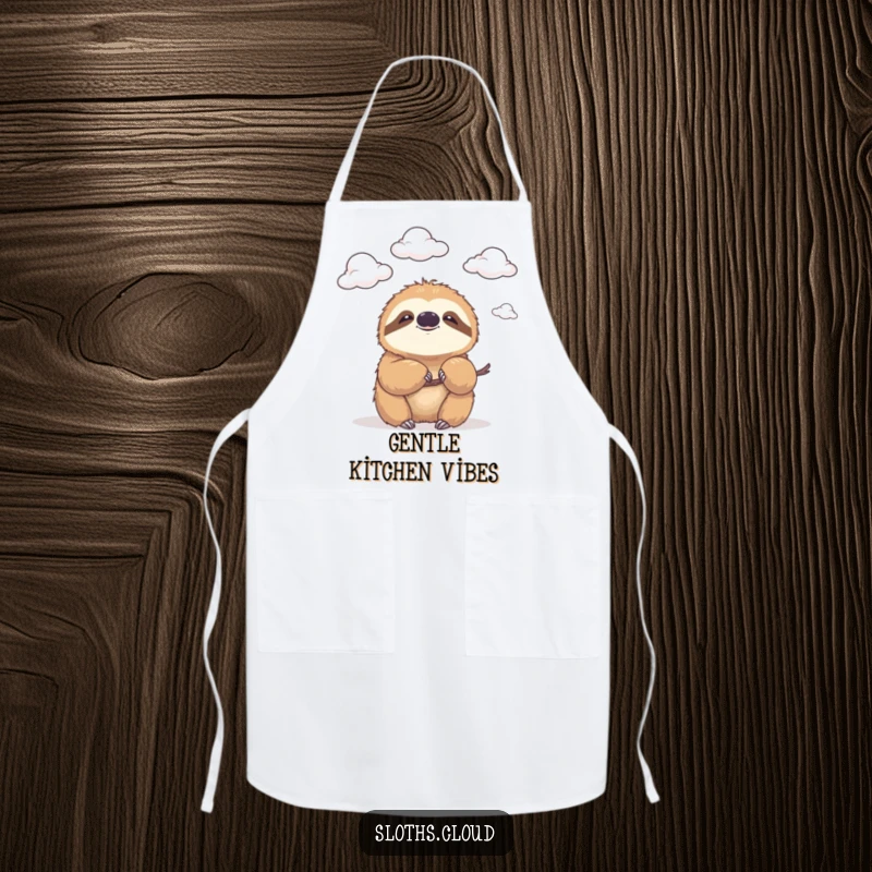 Funny apron featuring a sloth with a gentle smile, watching clouds drift by, ideal for humorous kitchen activities and wear.