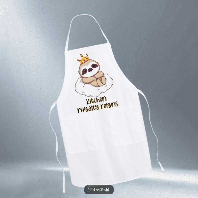 Funny apron featuring a sloth wearing a crown, lounging majestically on a cloud, ideal for humorous kitchen activities and wear.