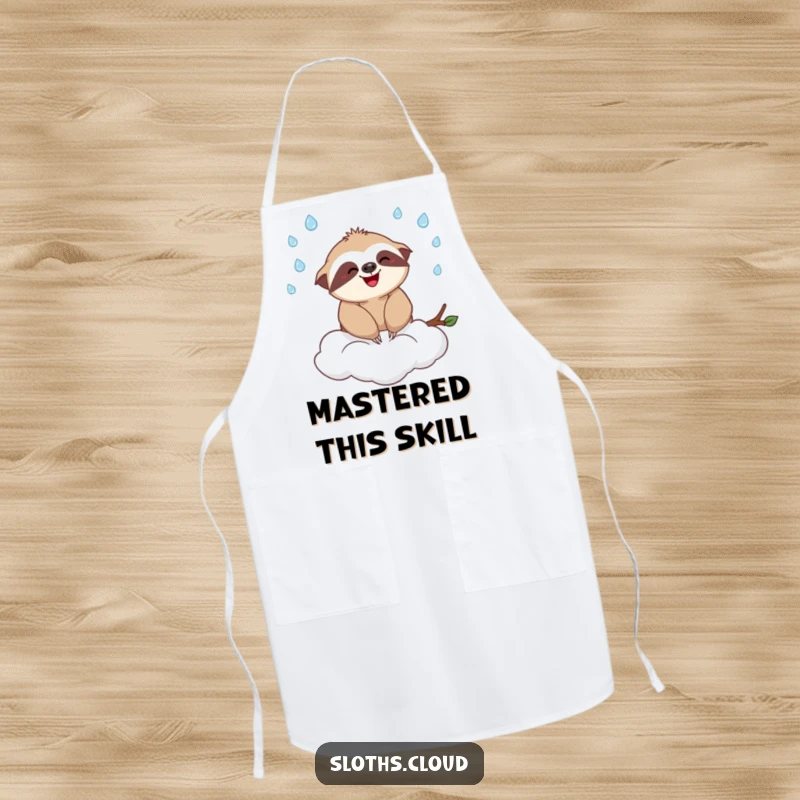 Funny apron depicting a happy sloth joyfully juggling tiny raindrops while seated on a fluffy cloud, adding humor to cooking tasks.