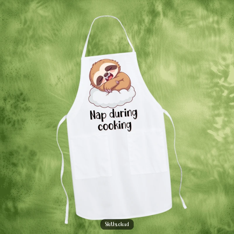 Funny apron with a yawning sloth napping on a cloud, perfect for adding humorous and comfortable flair to kitchen activities.