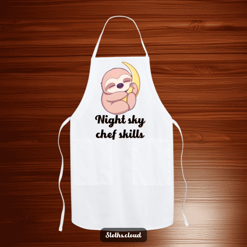 Funny apron featuring a sloth hugging a crescent moon, perfect for chefs and home cooks who appreciate whimsical and calming kitchen attire.