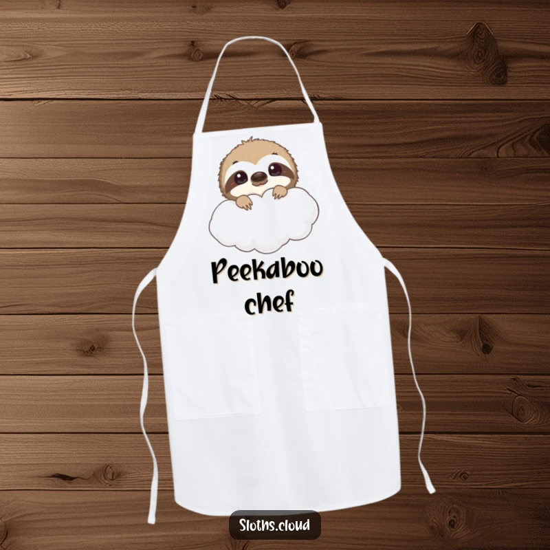 Funny sloth apron, curious eyes peeking from behind a cloud. A humorous kitchen accessory for chefs who enjoy playful observation.
