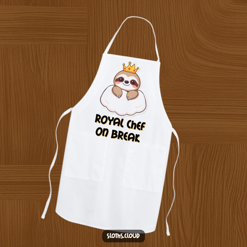 Funny apron showing a sloth wearing a crown, resting on a cloud pillow, ideal for regal and humorous cooking.