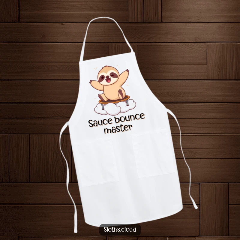 Funny apron showing a happy sloth bouncing on a cloud, ready to add energy to your cooking.