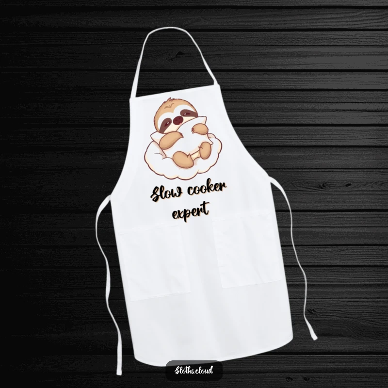 Funny apron featuring a lazy sloth holding a pillow, drifting on a cloud, great for relaxed cooking sessions.