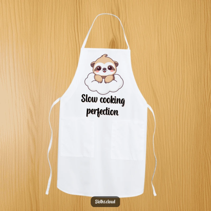 Funny apron with a smiling kawaii sloth floating on a cloud, perfect funny gift for kitchen lovers.