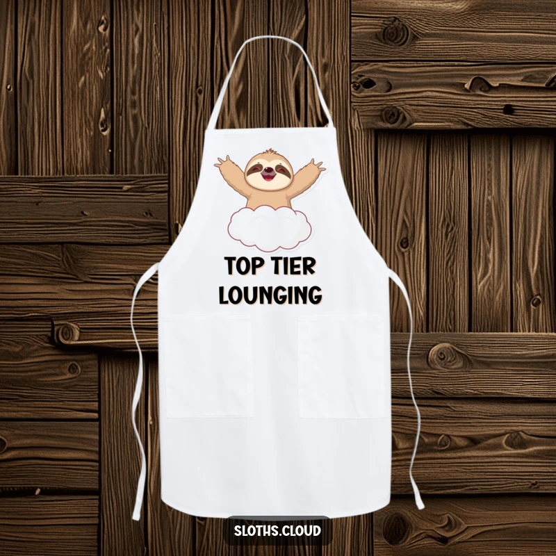 Funny apron showing a happy sloth floating on a cloud, arms wide, ready to whip up some delicious fun in the kitchen.