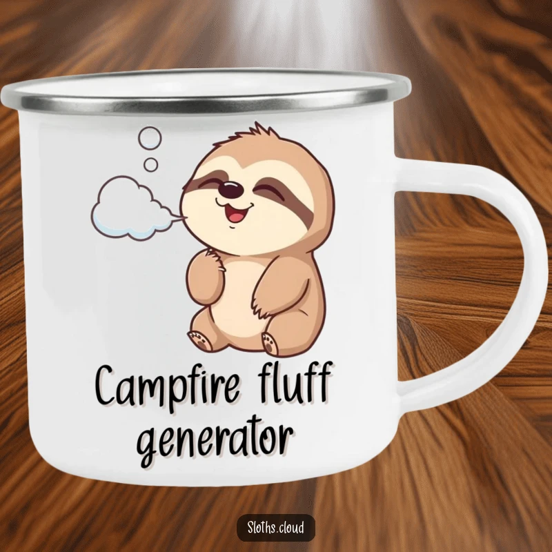 Funny Camping Mug featuring a joyful sloth blowing cloud-shaped air, perfect for enjoying drinks amidst nature with humor.