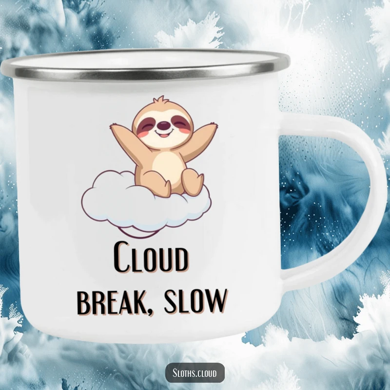 Funny Camping Mug: A sloth bounces playfully on a springy cloud with a blissful expression, perfect for outdoor relaxation.