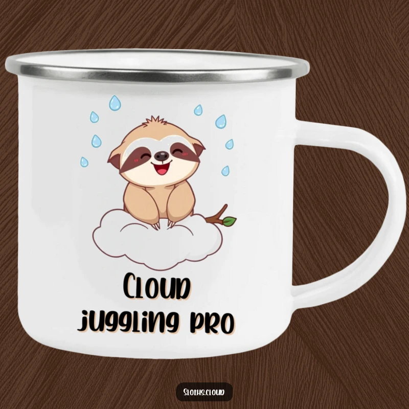 Funny camping mug showing a cheerful sloth artistically juggling small raindrops while sitting on a cloud, perfect for outdoor enthusiasts.