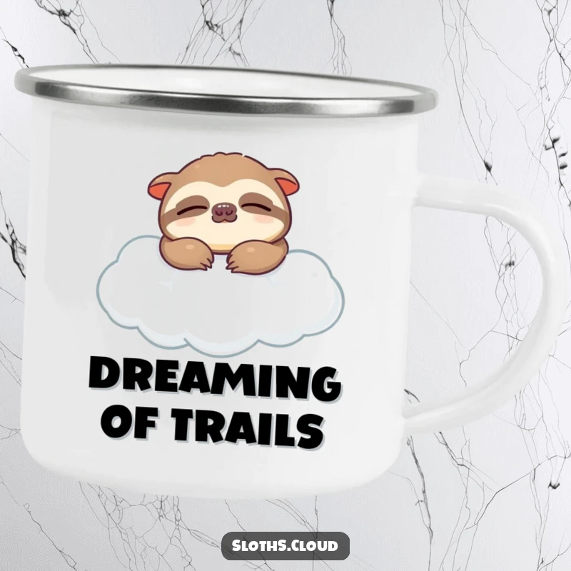 Funny camping mug showing a deeply sleeping sloth resting on a soft cloud, perfect for enjoying quiet moments in the great outdoors.