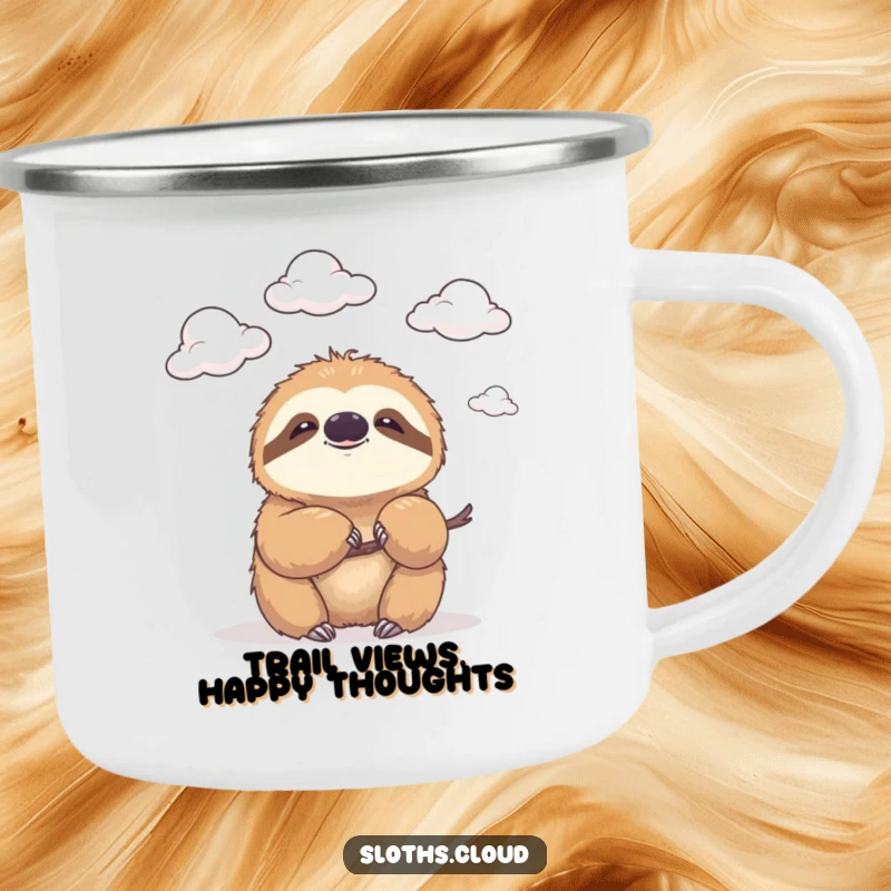 Funny enamel camping mug featuring a sloth with a gentle smile, watching clouds drift by, perfect for outdoor humor.