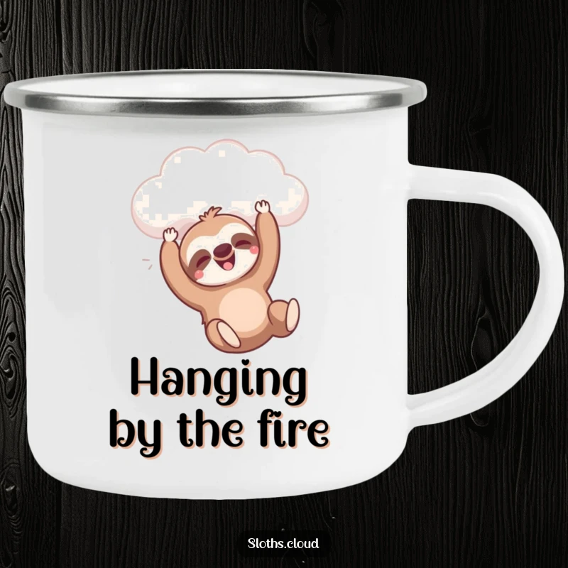 Funny camping mug with a sloth happily dangling from a cloud, ideal funny gift for campers.