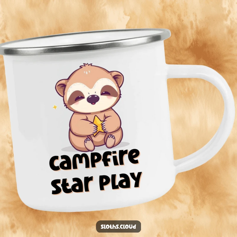 Funny camping mug with a giggling sloth playing with a star, ideal for cheerful outdoor moments.
