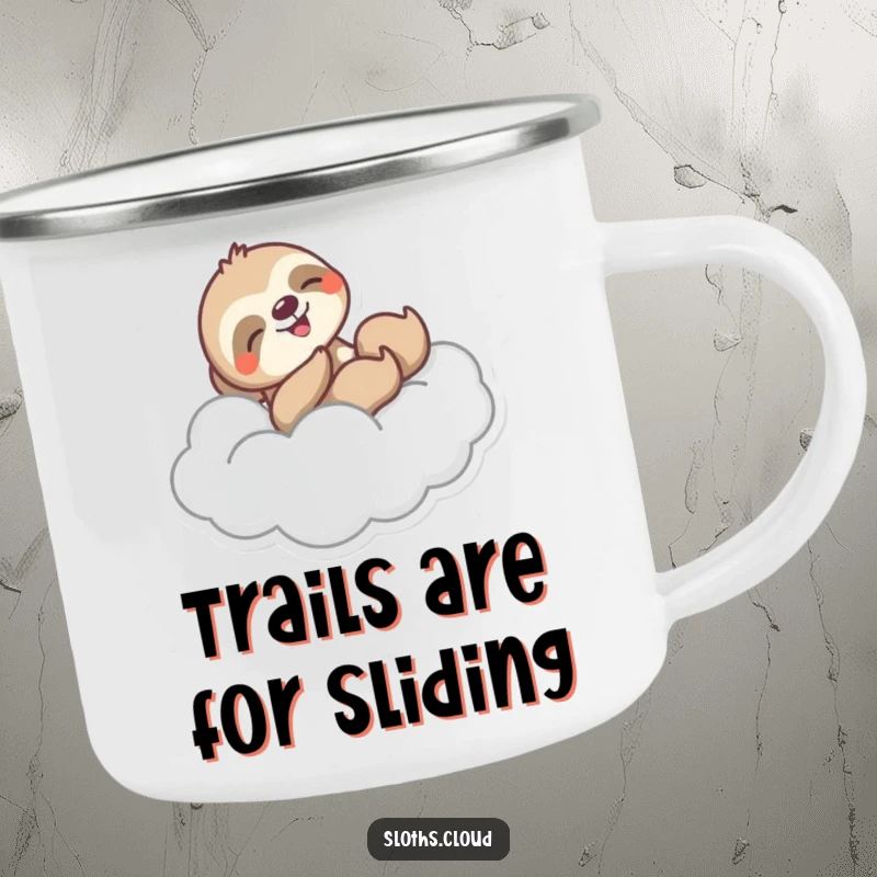 Funny camping mug showing a sloth joyfully sliding down a fluffy cloud, perfect for enjoying drinks during exhilarating outdoor activities.