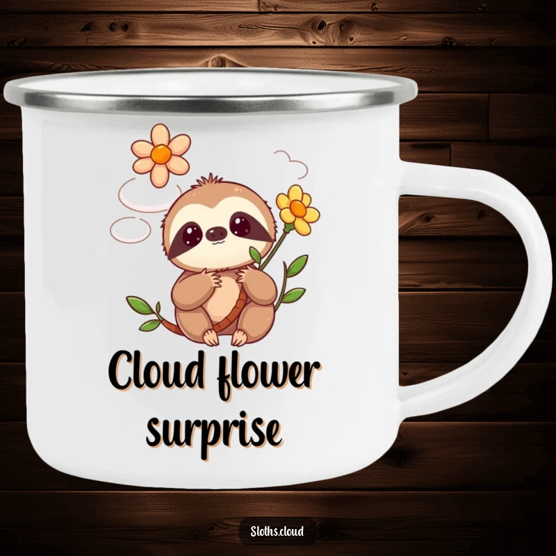 Funny kawaii sloth camping mug depicting a cute sloth’s surprised reaction to a flower blooming from a cloud during an outdoor scene.