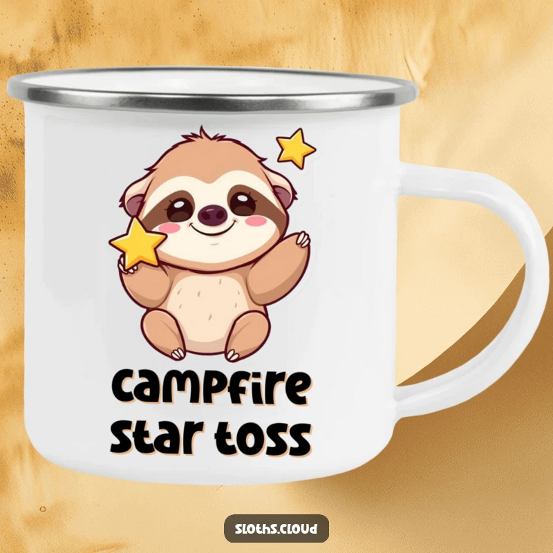 Funny kawaii sloth camping mug with a cute sloth grinning silly while tossing a star, perfect for outdoor drinks.