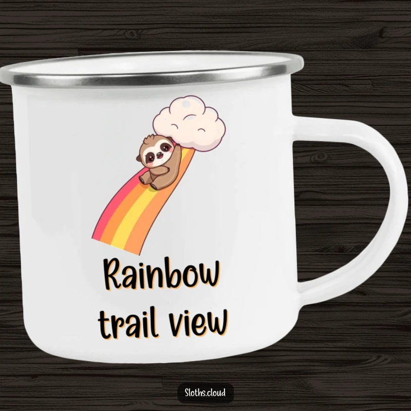 Funny kawaii sloth camping mug depicting a sloth sliding down a rainbow, ideal for outdoor enthusiasts who love playful designs.