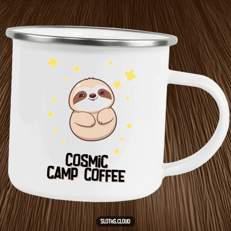 Funny kawaii sloth camping mug depicting a sloth floating amongst stars, ideal for outdoor enthusiasts seeking peace and humor.
