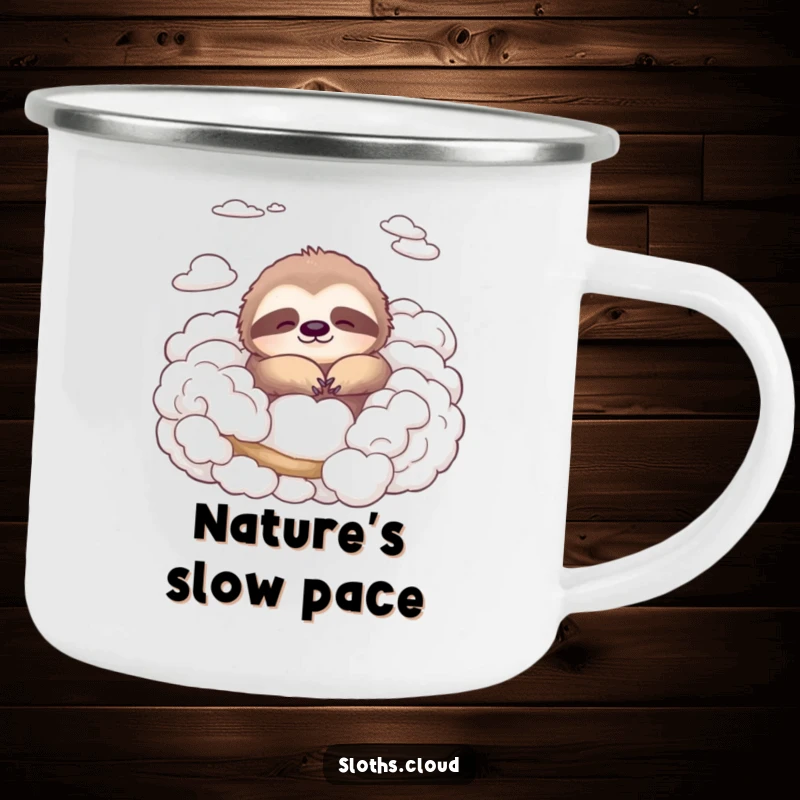 Funny camping mug featuring a peaceful sloth relaxing amidst soft clouds, designed for sipping beverages during outdoor adventures with a humorous touch.