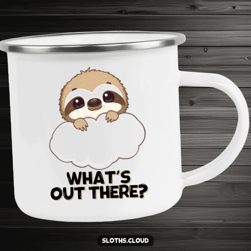 Funny sloth camping mug, curious eyes peeking from behind a cloud. A durable, humorous mug for outdoor lovers with a sense of wonder.