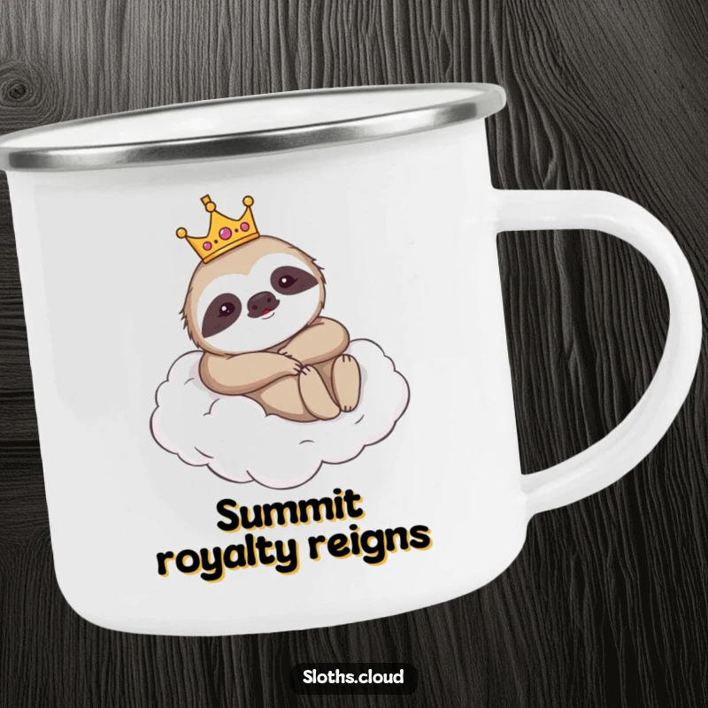 Funny enamel camping mug featuring a sloth wearing a crown, lounging on a cloud, perfect for outdoor humor.